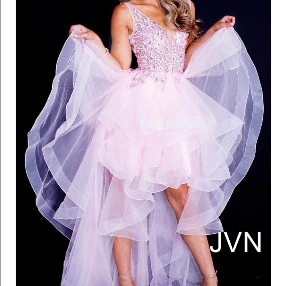 Pink High Low Ruffle Embellished Prom Dress - Picture 2 of 6